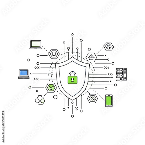 Modern line art illustration of a cybersecurity network with a central blue shield green padlock and connected technology icons. PNG Transparent Background