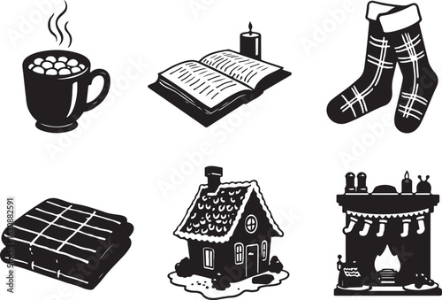 Cozy winter icons featuring hot drink, book, socks, blanket, house, fireplace
