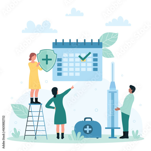 Vaccination campaign vector illustration. Cartoon tiny people holding syringe with dose of vaccine, protection shield, pointing on date of immunization in calendar of doctors appointment and checkup