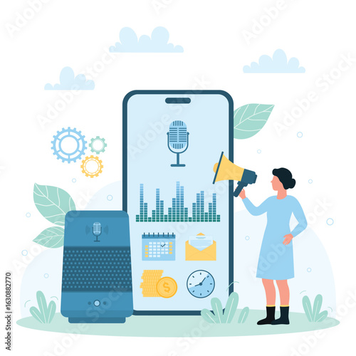 Voice recognition for home smart system, IOT vector illustration. Cartoon tiny person using megaphone and speakers to control voice assistant app in mobile phone, record commands and audio sound