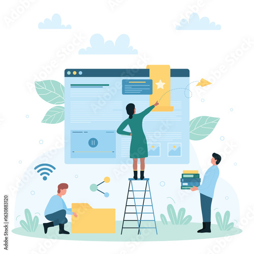 Favorites management online vector illustration. Cartoon tiny people work in browser windows with bookmark on screen, character bookmarking favorite website, holding directory and folders with files