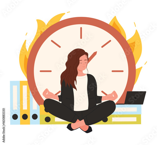 Stress and pressure of deadline, overtime work of employee vector illustration. Cartoon tiny calm woman sitting in yoga lotus position among burning clock and folders with documents and meditating