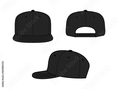 Blank Black Snapback Cap Template. Vector Front Back and Side Views for Custom Hat Mockups
