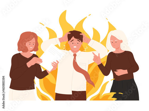 Deadline pressure, office people work in high stress vector illustration. Cartoon exhausted tired sad businessman with fire behind head and business problems needs help from busy angry employees