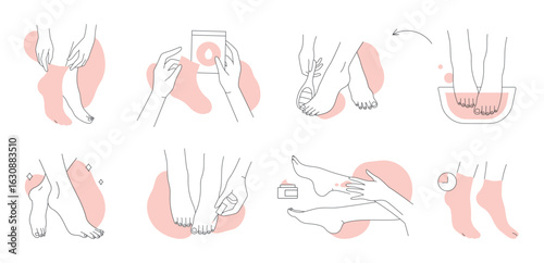 Foot care set of line icons vector illustration. Hand drawn outline female feet in bath with water, spa treatment in beauty salon and massage with cream, pedicure, moisturizing and peeling socks