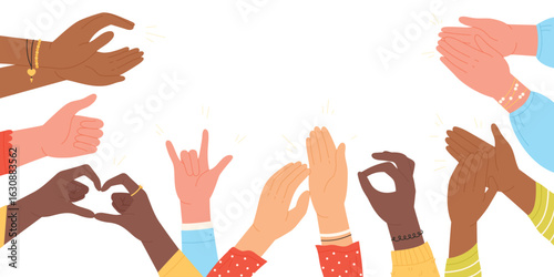 Hands of people clap and applaud vector illustration. Cartoon happy multicultural human arms respect and congratulate with thumbs up and applause, greeting gestures and ovation, positive feedback
