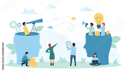 Human resources vector illustration. Cartoon professional tiny HR employees with telescope, light bulbs and megaphone inside abstract heads in search of talent candidates for vacancy and specialists