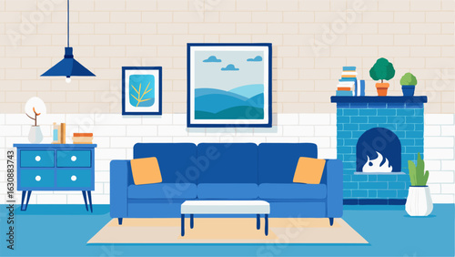 An open concept living room and kitchen with a white brick fireplace a blue velvet sectional and a coastalinspired gallery wall.
