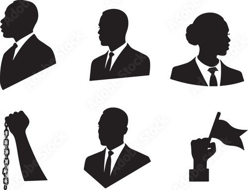 Business leaders, freedom, and success symbols in silhouette