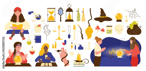 Magic of predictions set vector illustration. Cartoon gypsy fortune teller reading destiny with clairvoyant crystal ball and astrology, tarot and palmistry, creepy gothic collection of mystery