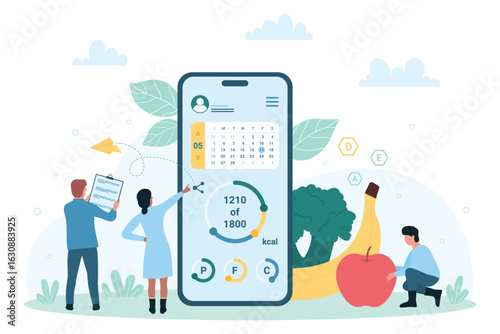Healthy eating mobile app vector illustration. Cartoon tiny people count calories in food using online app in phone for weight loss, quality analysis tracking for organic products and diet dishes