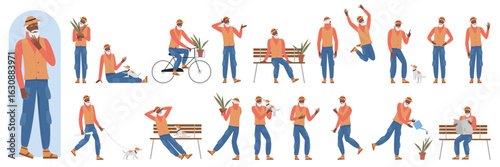 Old african american black aged man pensioner character set, pose sequences. Posing, standing and jumping, walking with dog and sitting on bench, posture collection isolated vector illustration.