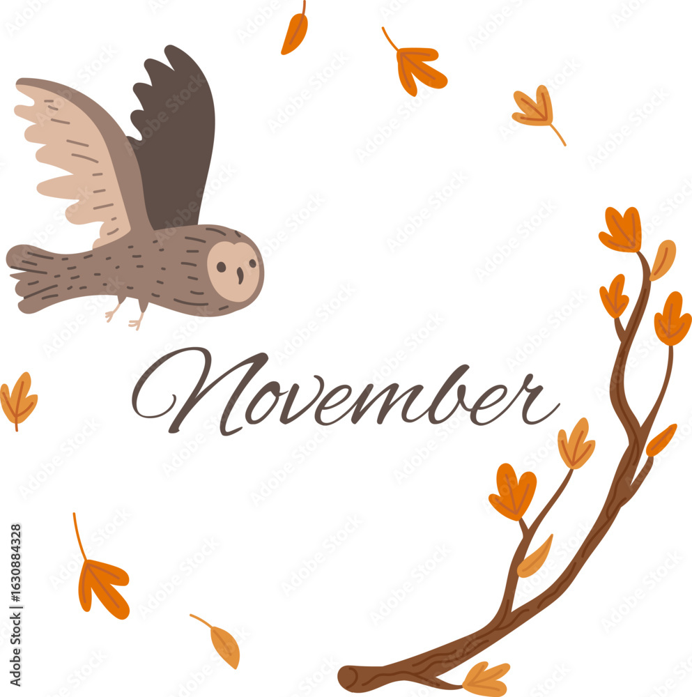 Obraz premium November Owl and Autumn Branch Round Frame