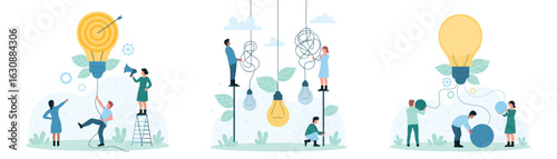 Simple idea and solution, brainstorm process set vector illustration. Cartoon tiny people unravel tangle of wires with hanging light bulbs, solve complex problem, find answer and creative choice