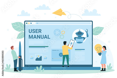 User manual online vector illustration. Cartoon tiny people study guide article on laptop screen, customers read instruction, use guidebook and support of voice assistant on mobile phone screen