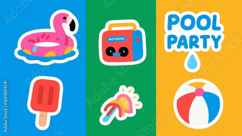 Cute summer pool party sticker collection featuring flamingo floatie, radio, popsicle, beach ball, and party blower.