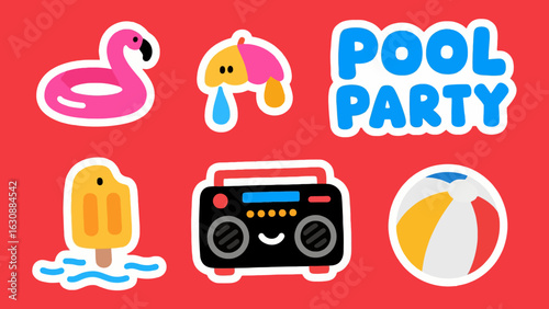 Cheerful summer pool party stickers featuring a flamingo floatie, ice pops, boombox, beach ball, and umbrella.