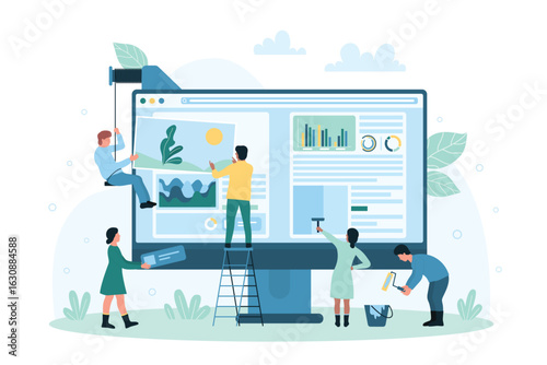 Web design vector illustration. Cartoon tiny people create digital interface of homepage, UI and UX designers work online with website editor application on screen, characters edit data and content