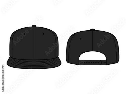 Black Snapback Hat Vector Template. Front and Back Views for Caps Design Mockups