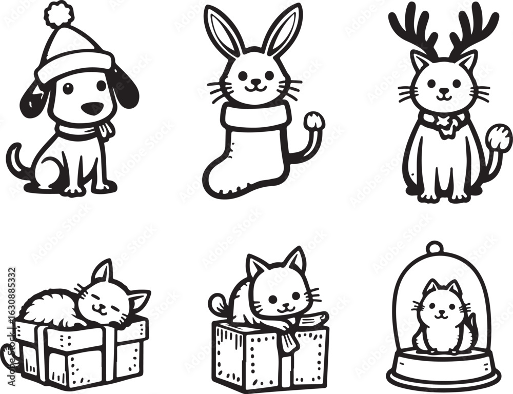 Naklejka premium Adorable cartoon pets celebrate holidays with festive cheer and gifts