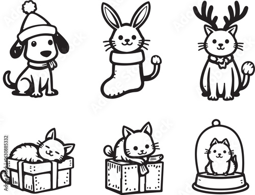 Adorable cartoon pets celebrate holidays with festive cheer and gifts