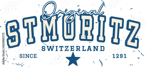 Retro typography college varsity St Moritz slogan with Grunge effect for jersey, t-shirt, or wall art design - Vector