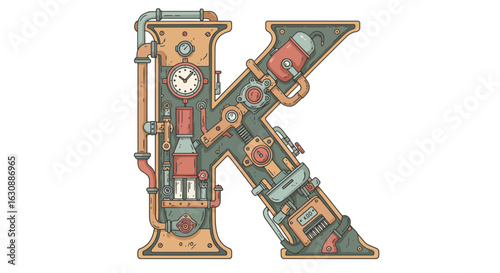 Letters of the alphabet steampunk letter k vector illustration with gears and pipes for industrial alphabet design or logo concept vector