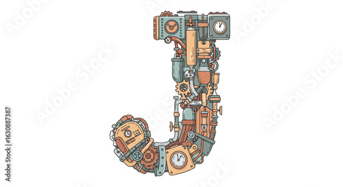 Letters of the alphabet steampunk letter j illustration with gears and cogs for mechanical alphabet design and industrial typography vector