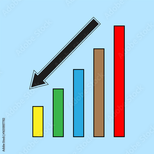 Bar chart graph. Colorful falling arrow. Financial data analysis. Vector business symbol.