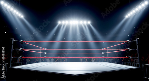 Wrestling ring under bright stadium lights, ready for competition