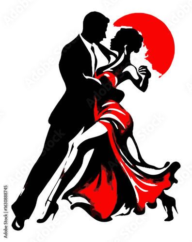 Elegant Silhouette of Dancers Against a Bold Red Sun Background