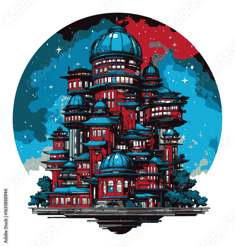 Vibrant Silhouette of a Futuristic Building Against a Cosmic Background