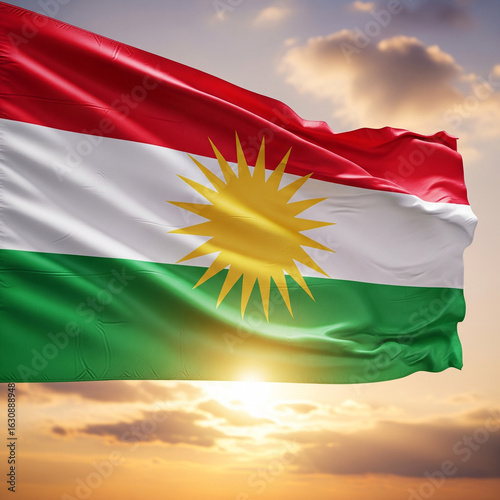 Kurdish flag waving in sky. Created using generative AI tools