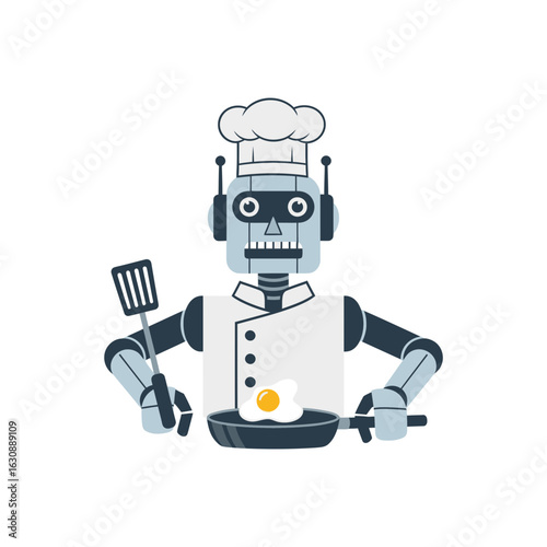Robot chef holding a spatula and frying pan with an egg.