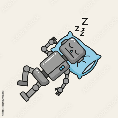 Cartoon robot sleeping on a pillow with zzz symbols above its head.