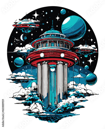 Futuristic Silhouette of a Space Station with Planets and UFOs in Background