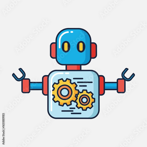 Cartoon robot with gears on its chest against a plain background.