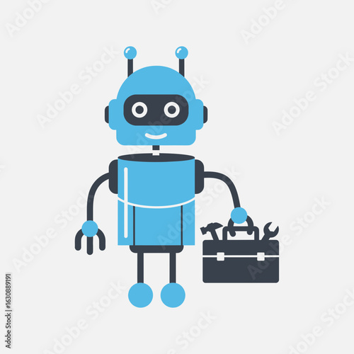 Cartoon robot holding a toolbox on a white background.