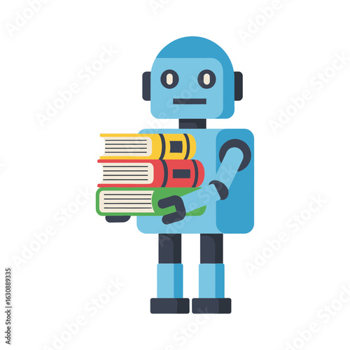 Blue robot carrying a stack of books on a white background.