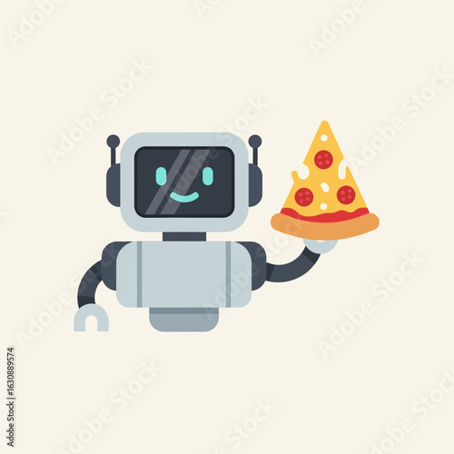 Cartoon robot holding a slice of pizza against a light background.