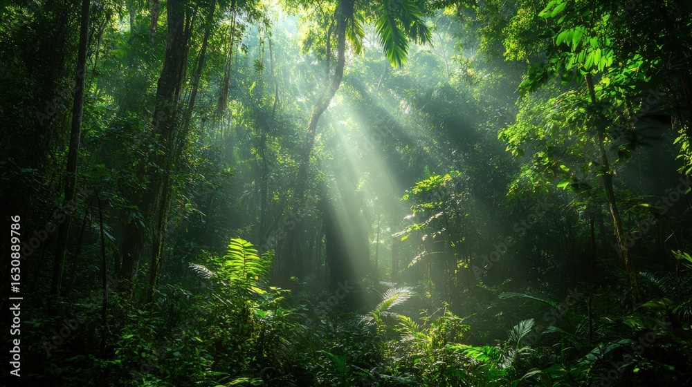 Obraz premium Sunlight filtering through a dense jungle.