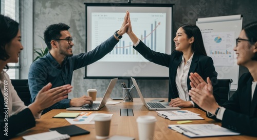 Successful business team celebrating a major achievement with a high-five during a corporate meeting in a modern office.