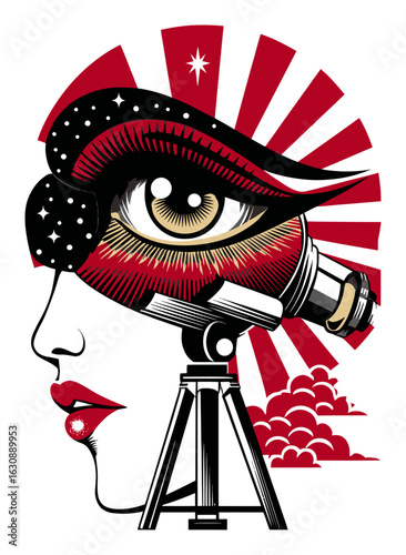 Abstract Illustration of Eye with Telescope and Artistic Sunburst Design