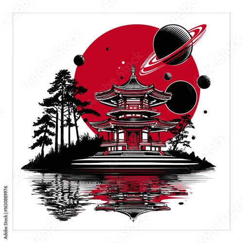 Serene Asian Pagoda Against Abstract Red and Black Cosmic Landscape
