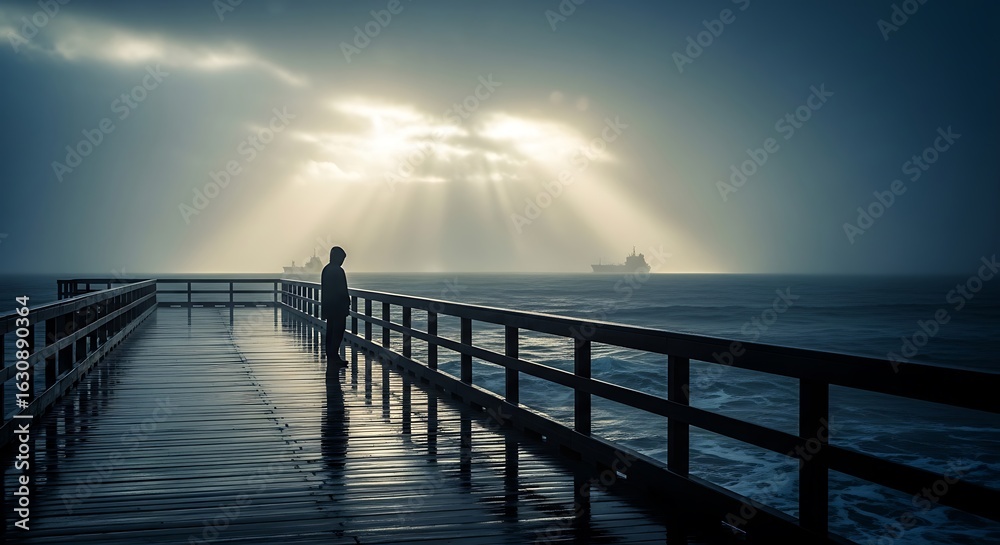 Fototapeta premium Silhouette of a person standing on a wooden pier overlooking ocean under dramatic sky with sun rays
