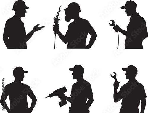 Skilled tradespeople in action, workers with tools, and safety gear silhouettes