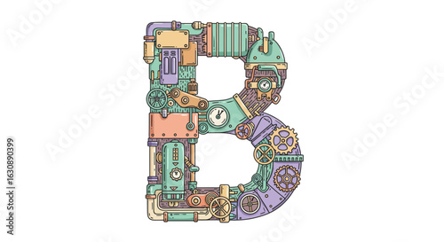Letters of the alphabet steampunk letter b illustration vector graphic design with gears clocks pipes and mechanical elements for prints vector