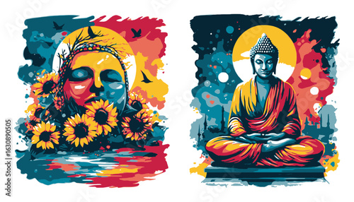 Vibrant Abstract Illustration of Buddha and Serene Floral Face