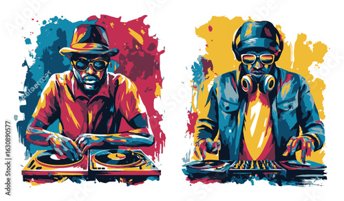 Vibrant Abstract Illustration of Two DJs Creating Dynamic Music Scenes