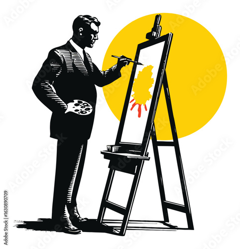 Artist Creating Artwork on Easel with Palette and Yellow Background